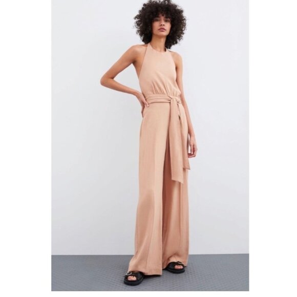 Zara Long Rustic Jumpsuit Linen Blend Neutral Blush Pink Size XS - Picture 1 of 12